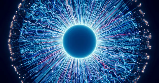 Abstract neural network visualization with glowing blue center representing AI-powered business context in IOmergent cloud security.