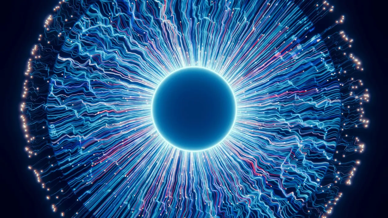 Abstract neural network visualization with glowing blue center representing AI-powered business context in IOmergent cloud security.